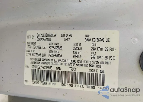 2007 Dodge Ram 1500 Slt/Trx4 Off Road/Sport z USA, uszkodzony, nr VIN 1D7HU18277S236992